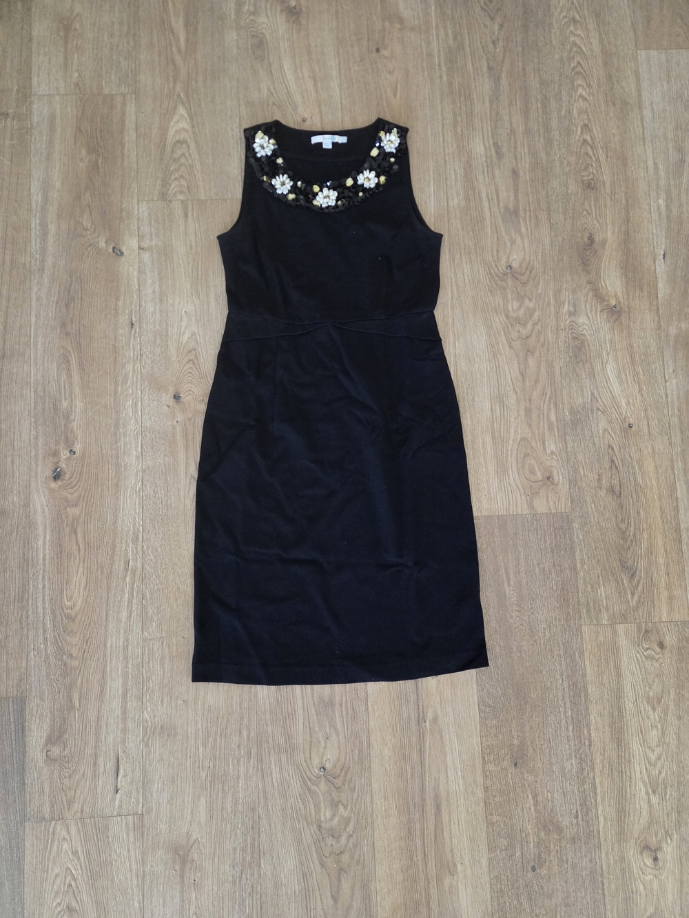 Boden Black Sleeveless Sheath Dress with Floral Jewel Neckline